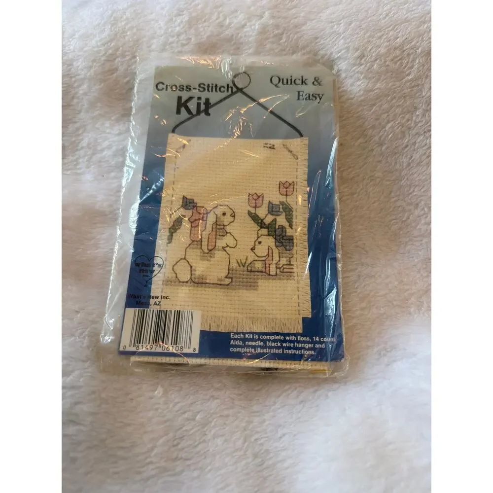 Vintage Quick & Easy Cross Stitch Kit Bunnies Rabbits Flowers Wall Hanging NOS